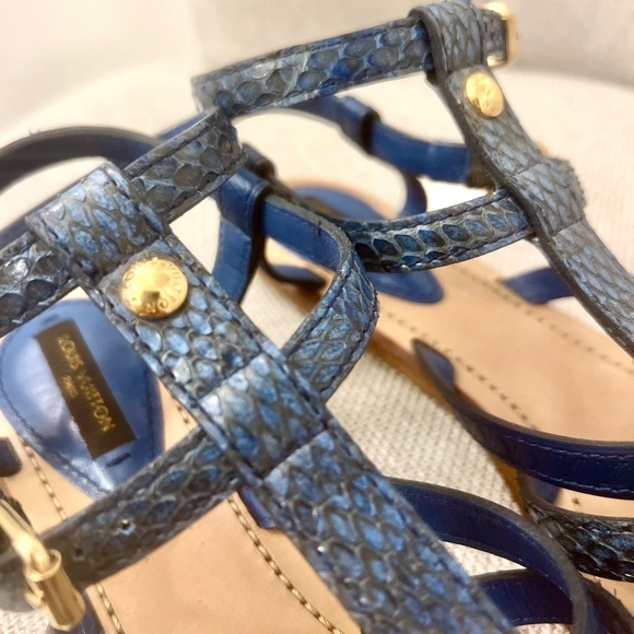 Louis Vuitton 'Ethnic' Flat Sandals Blue LV Python Flat Gladiator Shoes 37 US 7 - Picture 8 of 13